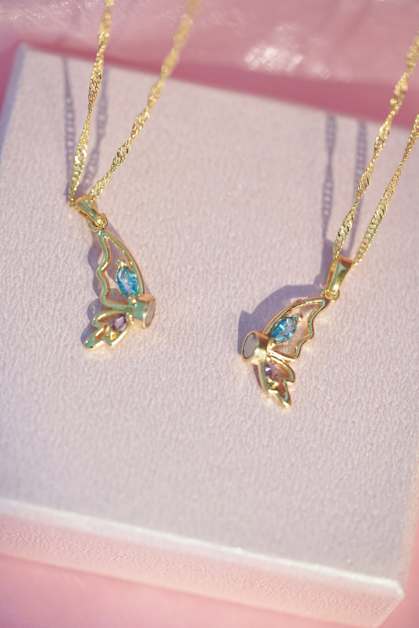 Princess and The Pauper Friendship 2pcs Gold Plated matching Necklace, Diamond castle , Butterfly Necklace, BFF Jewelry