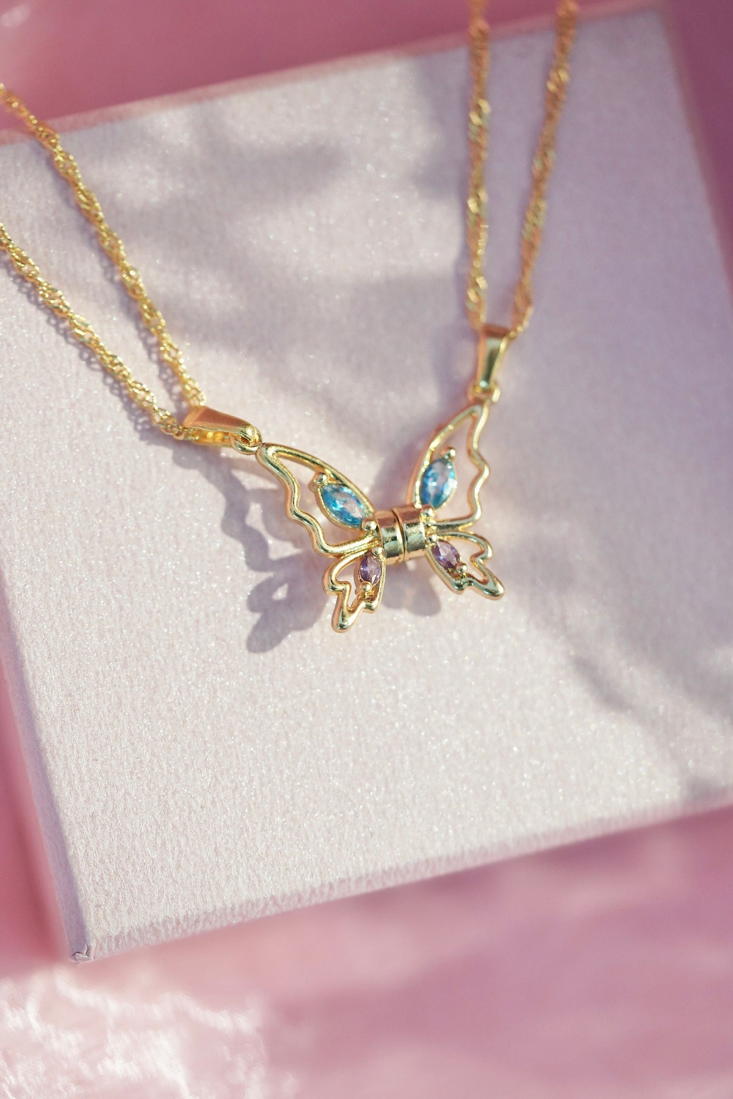 Princess and The Pauper Friendship 2pcs Gold Plated matching Necklace, Diamond castle , Butterfly Necklace, BFF Jewelry
