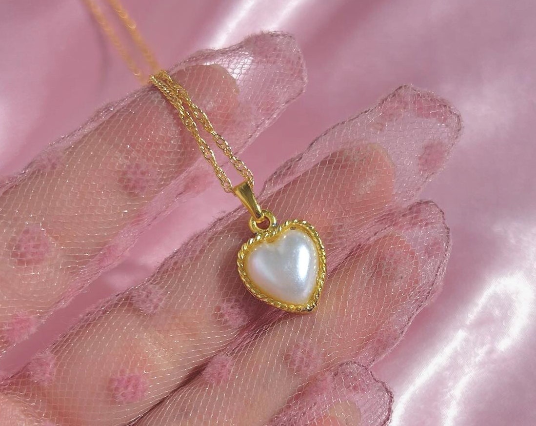 Pearl Heart Necklace, 18K Gold Necklace -Pearl Heart Necklace -CZ Necklace