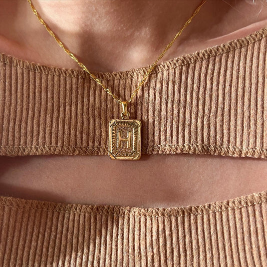 18K Gold Initial Letter Necklace, Medal Gold Initial Letter Pendant Necklace, Square Alphabet Rectangle Medallion Pendant, Personalized