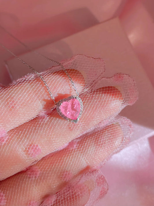 925K Sterling Silver Minimal Pink Heart Necklace Pink Stone Necklace Minimal Heart Necklace Gift For her