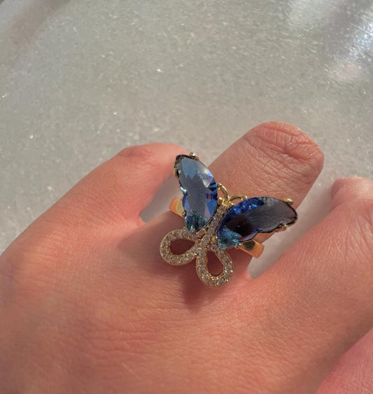 Princess and The Pauper Friendship Butterfly Ring- Gold Plated Brass, Gift for Her,Blue Butterfly Ring, BFF Jewelry