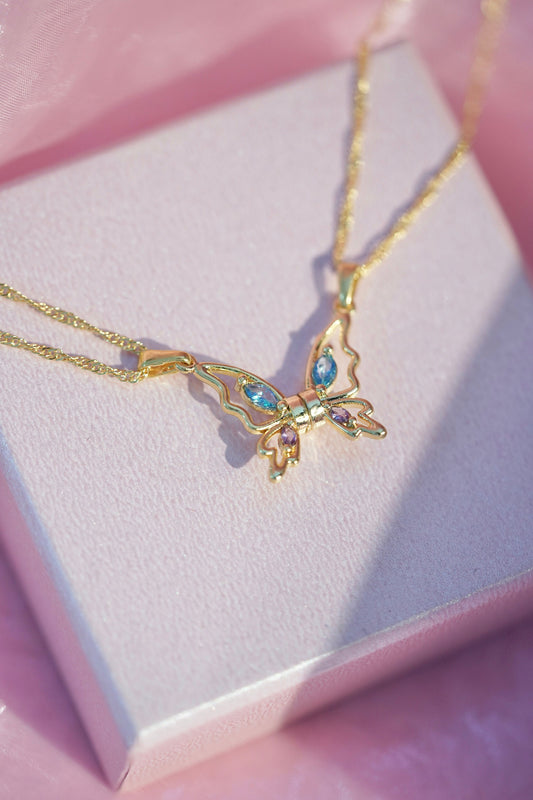 Princess and The Pauper Friendship 2pcs Gold Plated matching Necklace, Diamond castle , Butterfly Necklace, BFF Jewelry