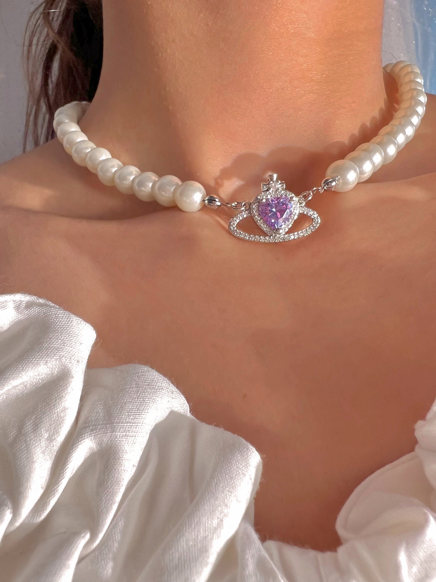 18k gold plated, handmade pearl and zirconia pink saturn necklace choker - sparkly - prinsess - royal