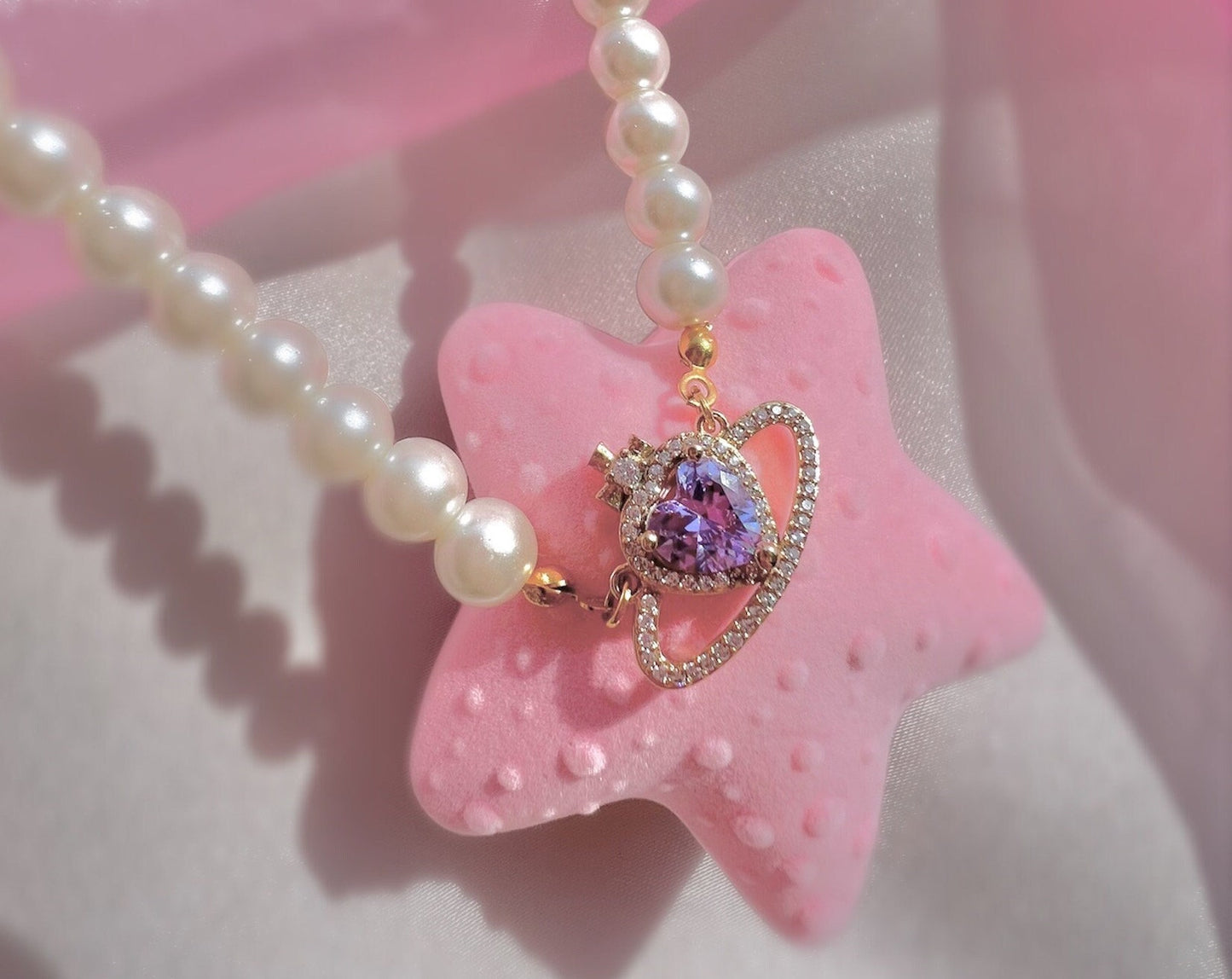 18k gold plated, handmade pearl and zirconia pink saturn necklace choker - sparkly - prinsess - royal