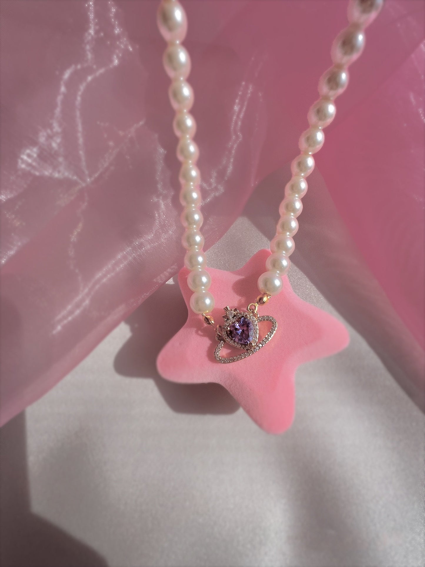 18k gold plated, handmade pearl and zirconia pink saturn necklace choker - sparkly - prinsess - royal