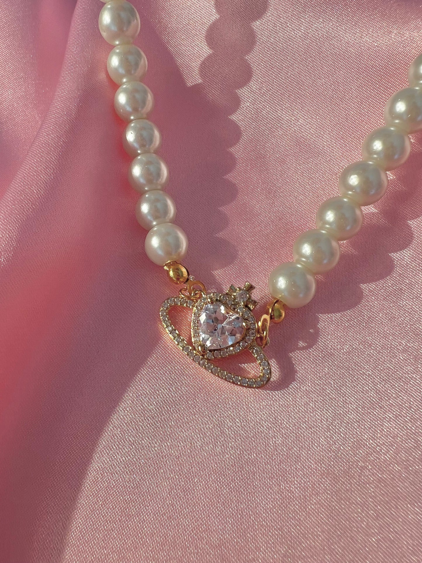18k gold plated, handmade pearl and zirconia pink saturn necklace choker - sparkly - prinsess - royal