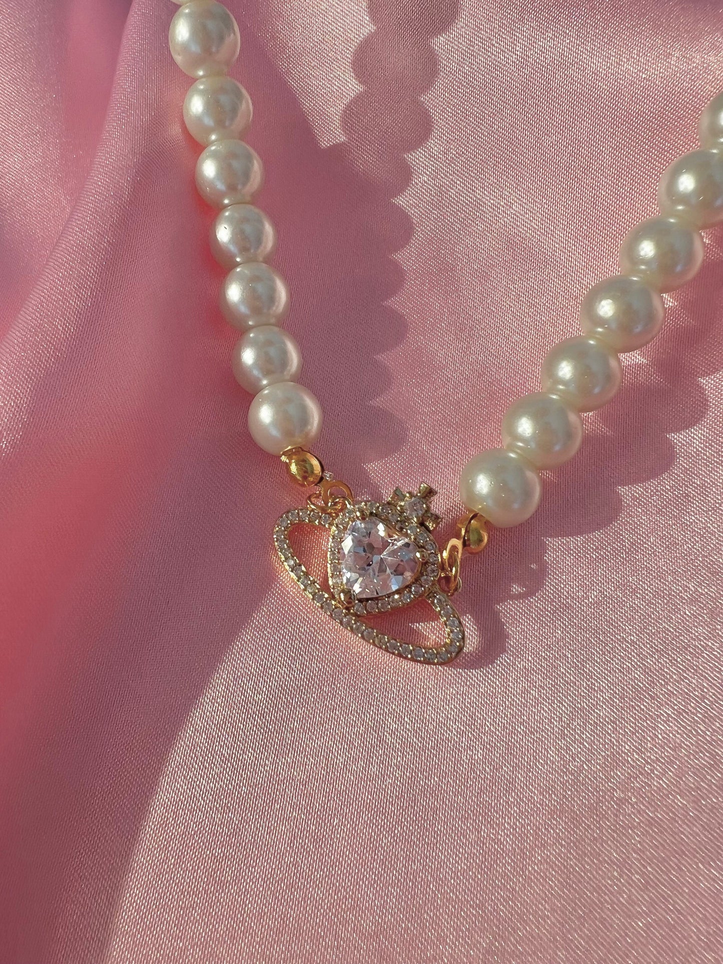 18k gold plated, handmade pearl and zirconia pink saturn necklace choker - sparkly - prinsess - royal
