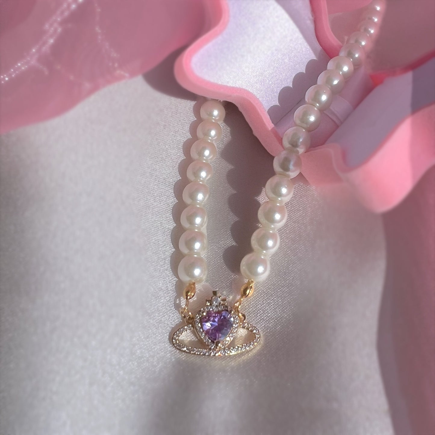 18k gold plated, handmade pearl and zirconia pink saturn necklace choker - sparkly - prinsess - royal