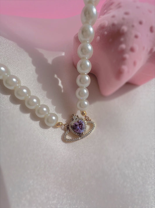 18k gold plated, handmade pearl and zirconia pink saturn necklace choker - sparkly - prinsess - royal